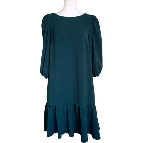 Dkny Dresses & Skirts - DKNY Puff Sleeve Tiered Midi Dress Dark Green Textured Loose Fit Size 4